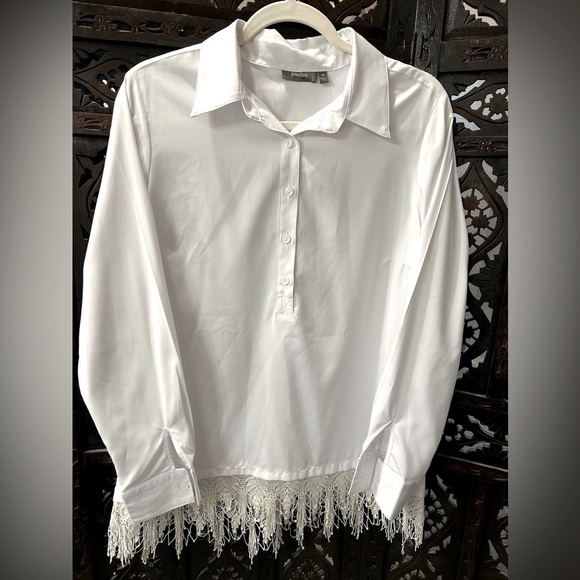 Neiman Marcus Tops - NEIMAN MARCUS Women’s Medium White Tunic Crochet Fringe Lagenlook Zen Boho